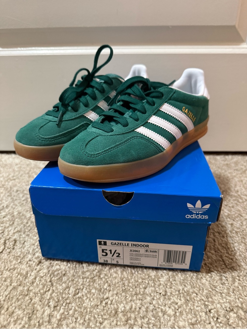 adidas Green Suede Gazelle Sneakers with White Stripes and Gum Sole
